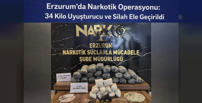 Erzurum’da Narkotik Operasyonu: 34 Kilo Uyuşturucu ve Silah Ele Geçirildi